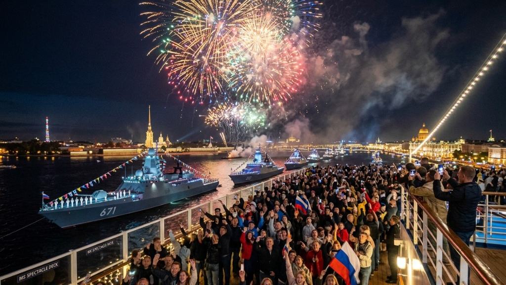 Салют в День ВМФ с теплохода в Санкт-Петербурге